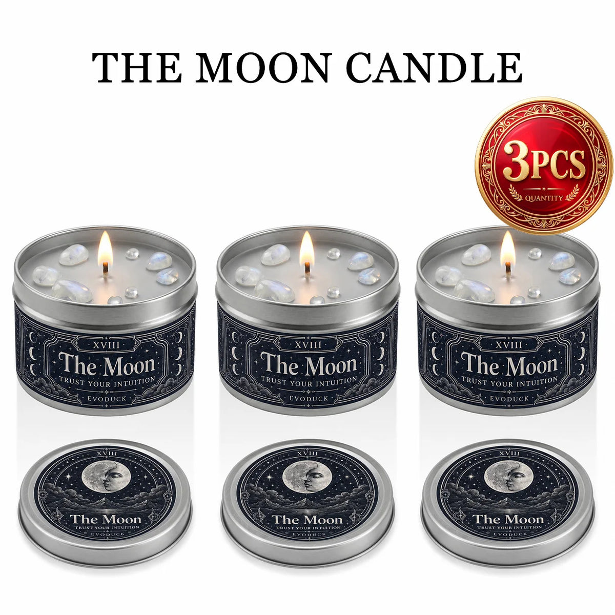 The Moon Tarot Scented Candle with White Crystal Stones, Trust our Intuition, Candle for Meditation, Comes In 1/2/3 Sets.....