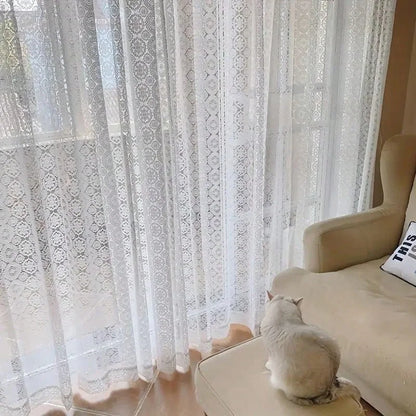 2pcs White Lace Embroidered Mesh Knitted Sheer Curtains, White...
, Whit