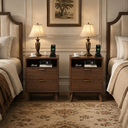 Walnut Nightstand with Drawer and Open Shelf USB Charging Station with AC Outlets