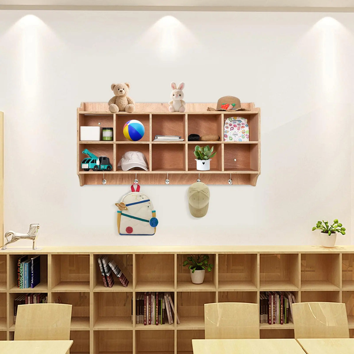 Wall Mount Kids Wooden Storage Organizer With 10 Cubbies, 5 Hooks And Top Shelf,