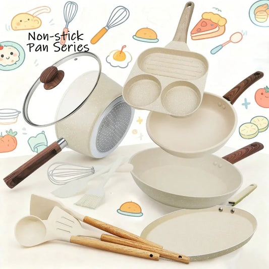 12Pcs Cream Granite Nonstick Cookware Set, With Silicone Cooking Utensils.....