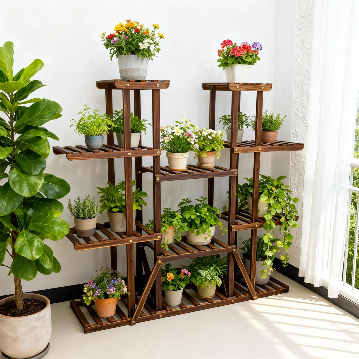 Large 11 Tiered Wooden Plant Stand Carbonized wood, Widen Pot Shelf Holder,  Indoor Outdoor.....