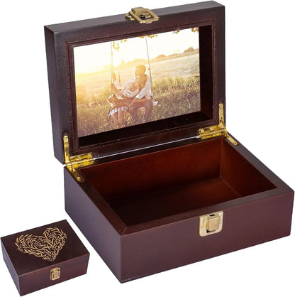 Small Wooden Keepsake Boxes With Hinged Lids and a photo frame inside....