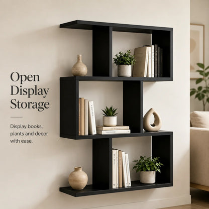 3 Tier Black Wooden Bookshelf Open Display ....