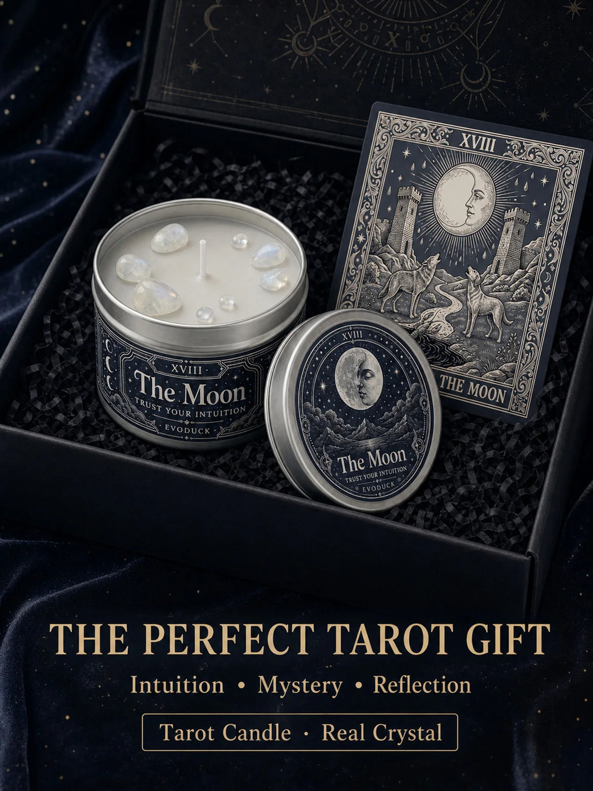 The Moon Tarot Scented Candle with White Crystal Stones, Trust our Intuition, Candle for Meditation, Comes In 1/2/3 Sets.....