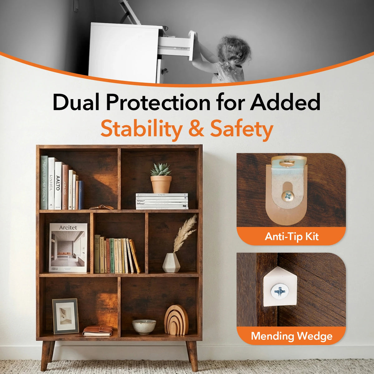 7 Cube Wooden Storage Bookshelf with Legs 3-Tier Standing