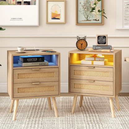 Real Rattan Nightstands Set of 2 with Charging Station and Led Light