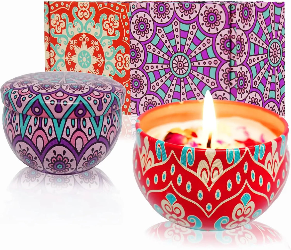 Home Decor Scented Candle, Mandala Printed Tin, Creates Ambiance, 2.5 Oz.  Floral Scent
