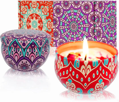 Home Decor Scented Candle, Mandala Printed Tin, Creates Ambiance, 2.5 Oz.  Floral Scent
