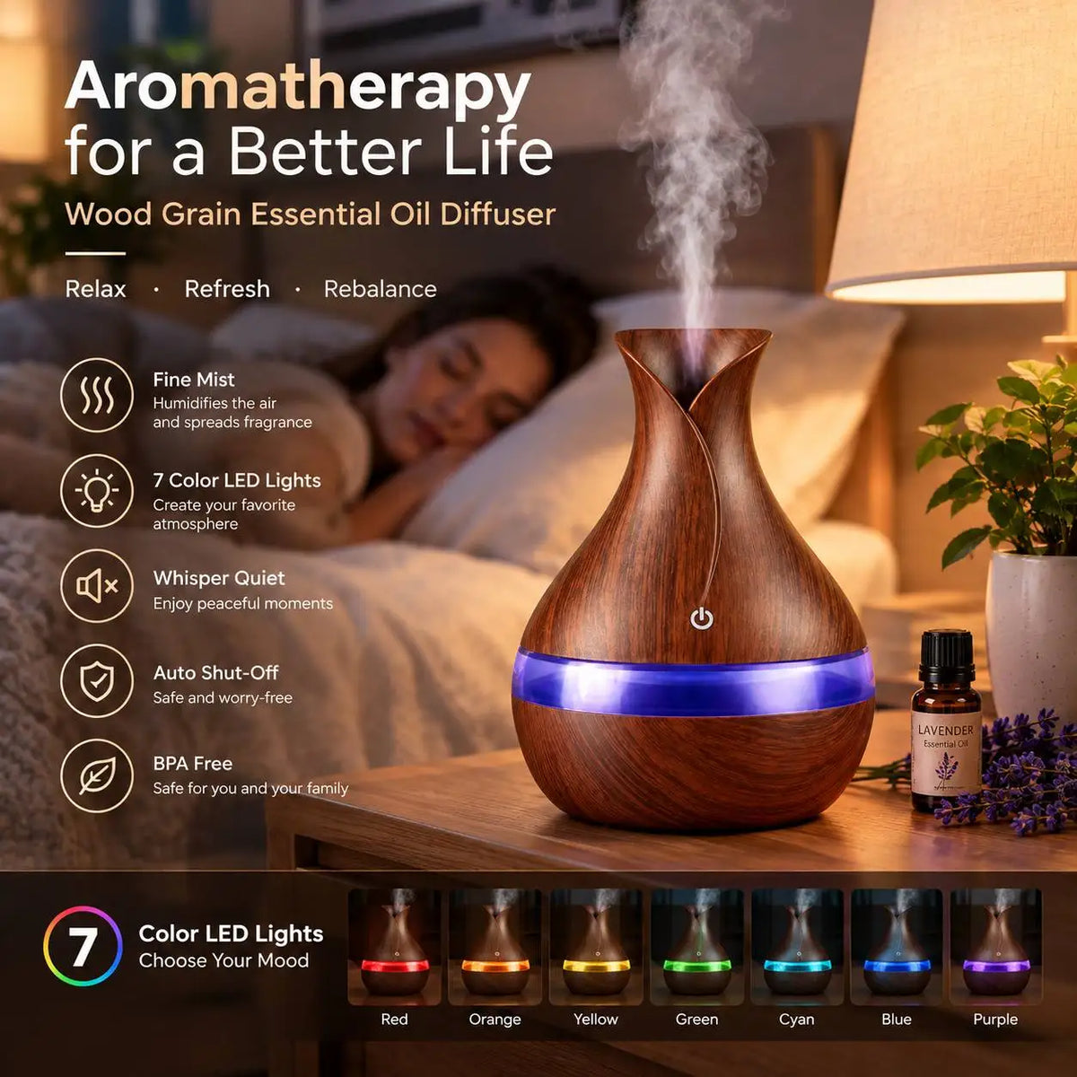 6 In Wood Grain Vase-Shaped. Humidifier, Aromatherapy for Home 7 Color LED Night Light, Auto Shut-Off, for Yoga Spa
