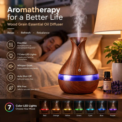 6 In Wood Grain Vase-Shaped. Humidifier, Aromatherapy for Home 7 Color LED Night Light, Auto Shut-Off, for Yoga Spa