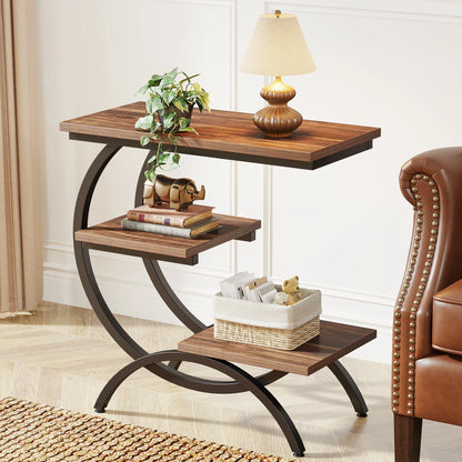 C-Shaped, Industrial 3-Tier Small, Wood Table with Storage Shelves