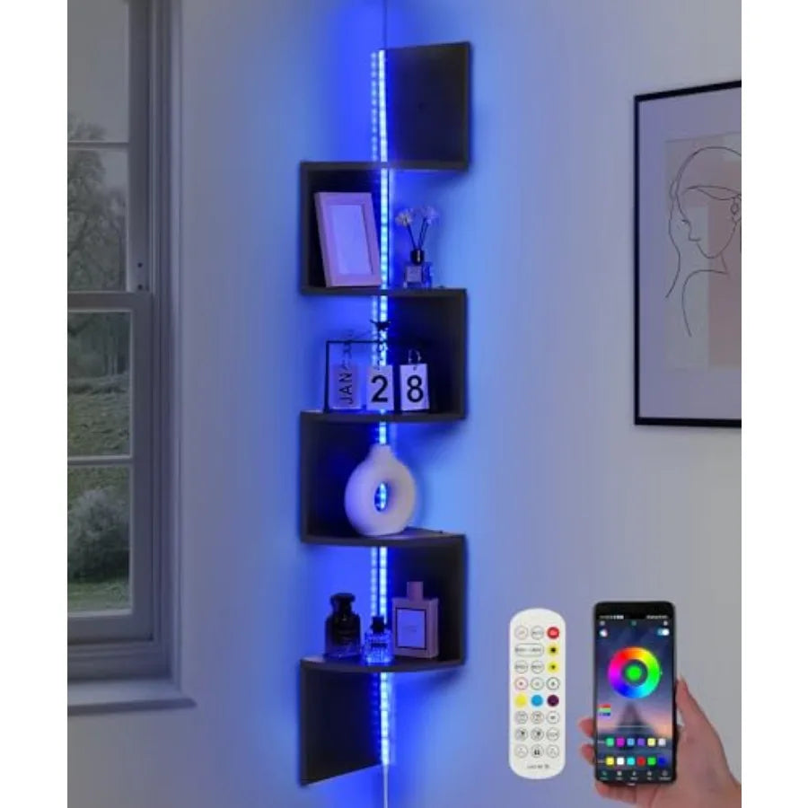 5 Tiers Plastic  Floating Corner Shelf with RGB LED Lights 49.2" Wall Mount