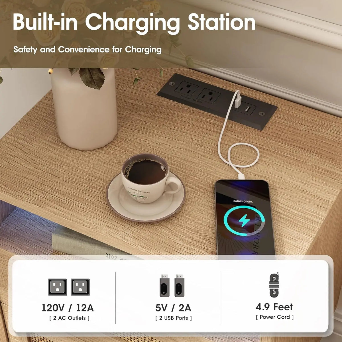 Real Rattan Nightstands Set of 2 with Charging Station and Led Light