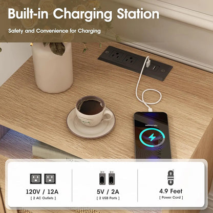 Real Rattan Nightstands Set of 2 with Charging Station and Led Light