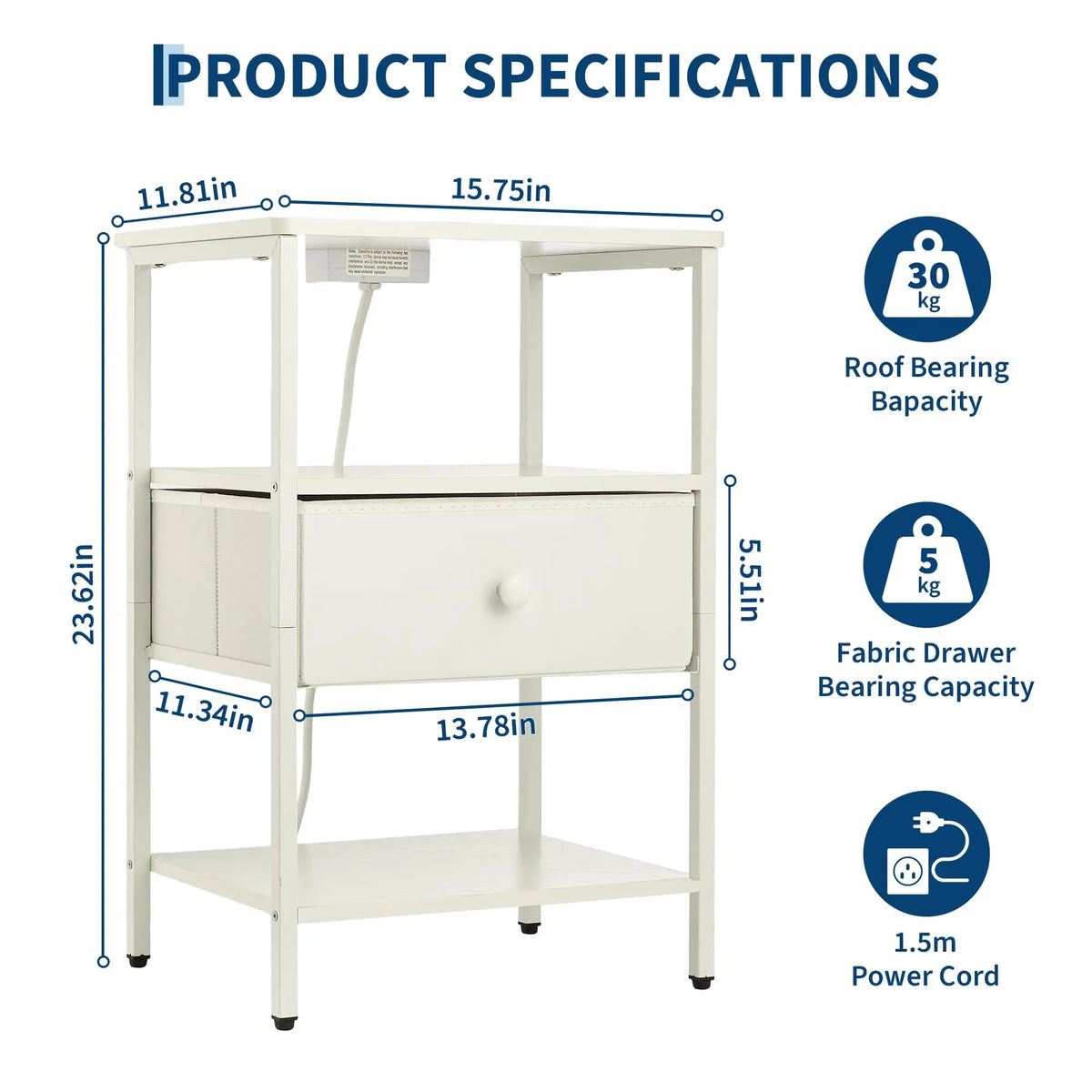 Nightstand With Charging Station, 3-Tier With Fabric Drawer, Metal Frame