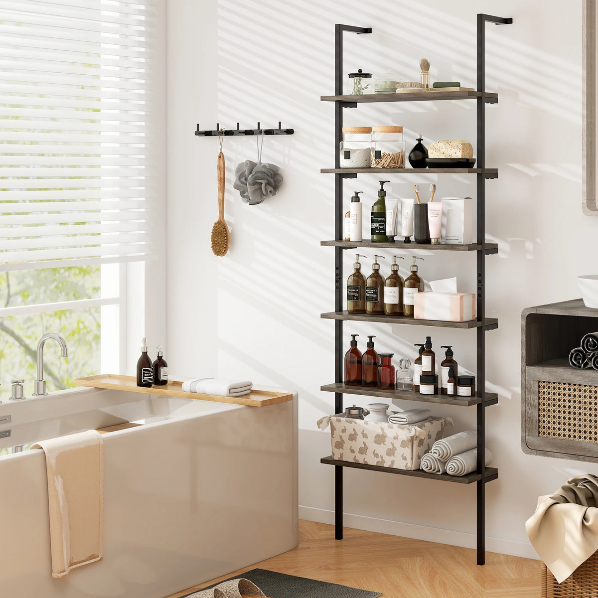 6-tier Ladder Shelf 72 Inches Wall Mounted Bookshelf Oak