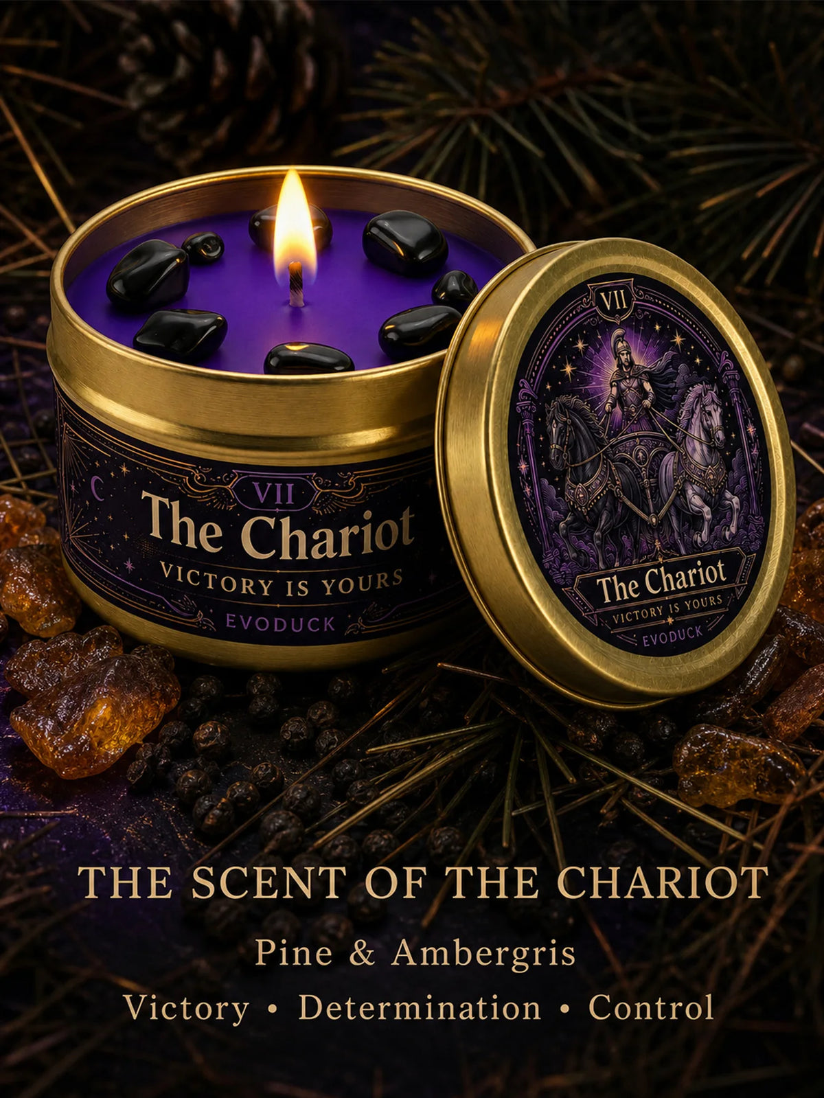 3/2/1 Sets, The Chariot Tarot Candle with Black Crystal Stones, Purple Wax Scented for Meditation, 3 Oz....
