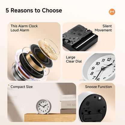 3.4 Inch Small Analog Alarm Clock, Silent Non-Ticking Clock with Loud Alarm, Battery Operated. 3 Colors....