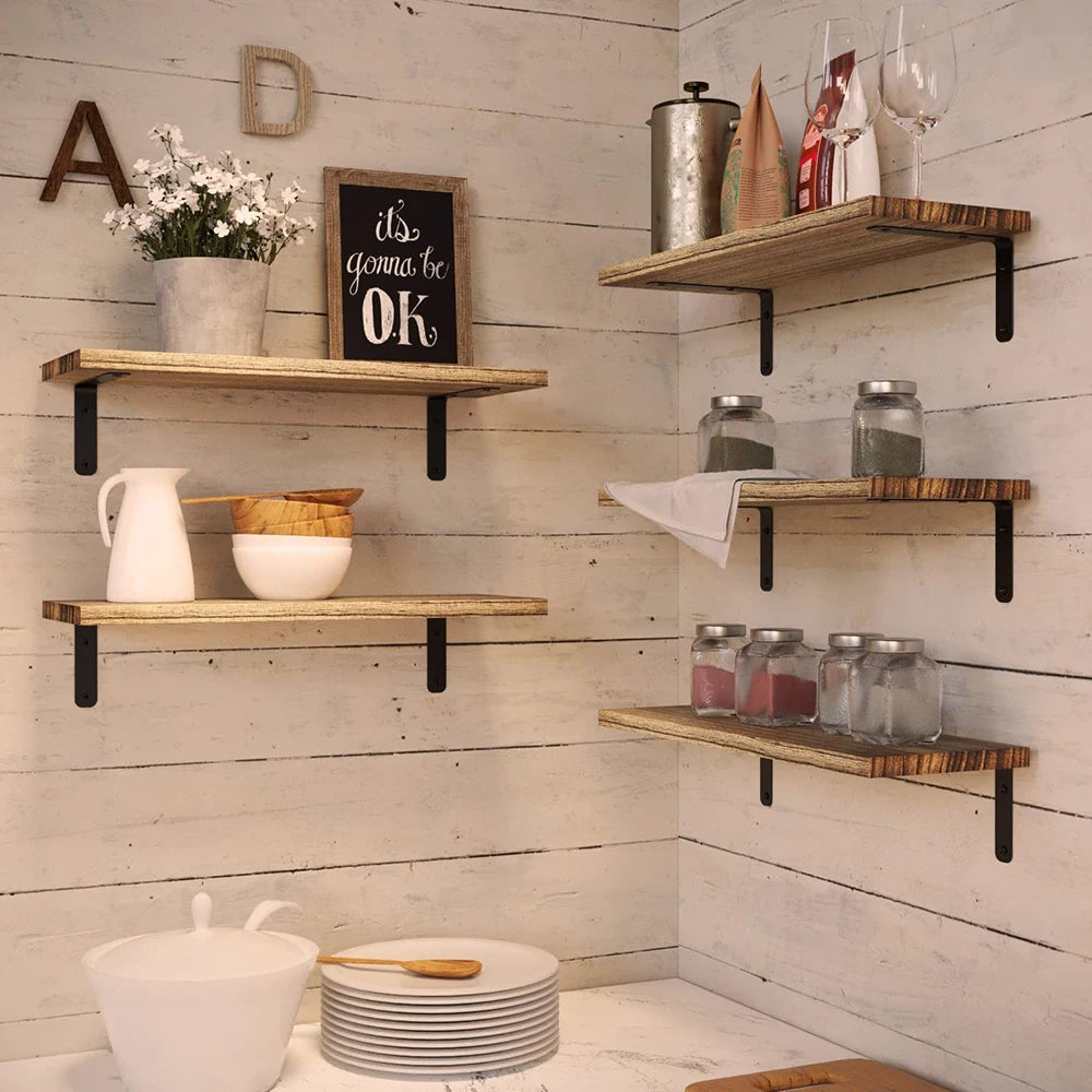 Set of 5 Rustic Floating Wooden Wall Shelves, Wall Mount With Anti-Fall Metal Guardrail,