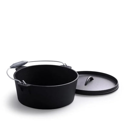 8 Piece cast iron Dutch oven camping set. 4.5 Qt cast iron pot, and Lifter Handle 2.1qt pot handle with lid 10In Fry pan, Storage Container