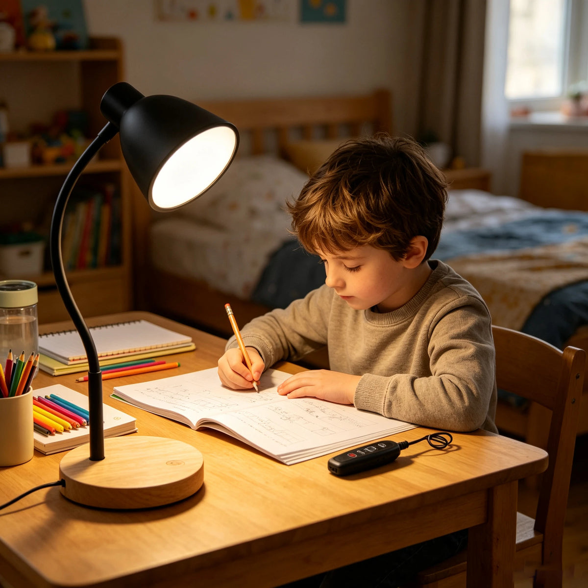 Desk Lamp ,Dimmable, with Flexible Gooseneck Black Metal Shade & Wooden Base USB Powered