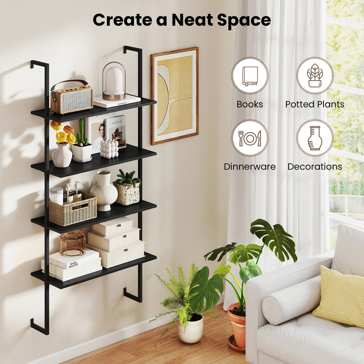 4-Tier Rustic Looking Ladder Shelf Bookshelf, w/ Metal Frame  Brown....