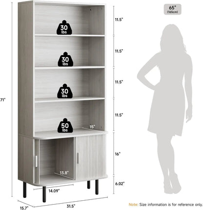 71 Inch Sliding Door Wooden Bookshelf with Adjustable Shelves, Freestanding.....