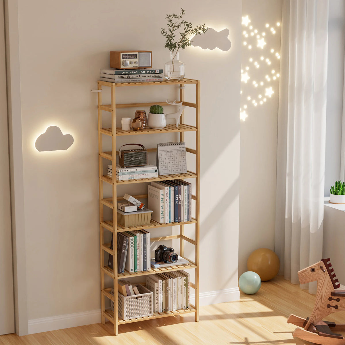 6 Tier Wooden Bookshelf with Adjustable Shelves Free Standing And Wall Mount Natural Bamboo