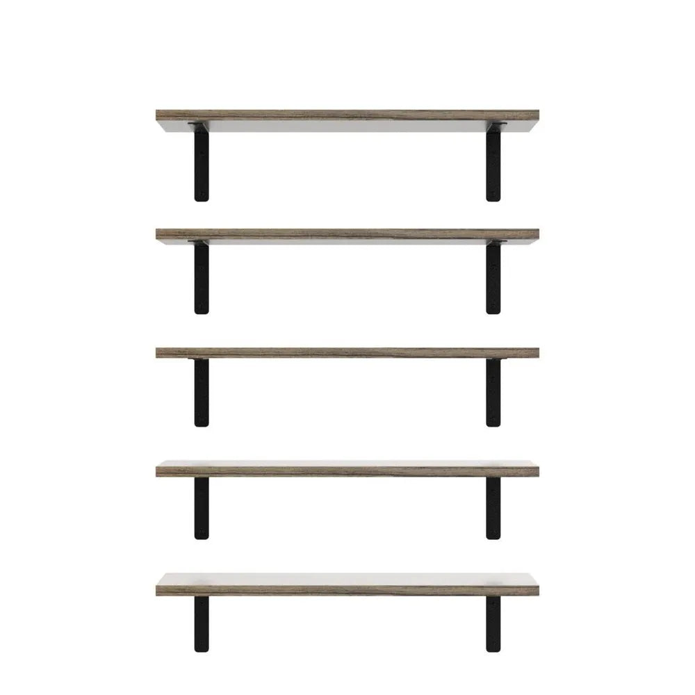 Set of 5 Rustic Floating Wooden Wall Shelves, Anti-Fall Metal Guardrail....