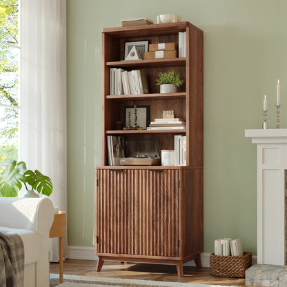 6-Tier Wooden Bookshelf, With Doors & Adjustable Shelves, Walnut....