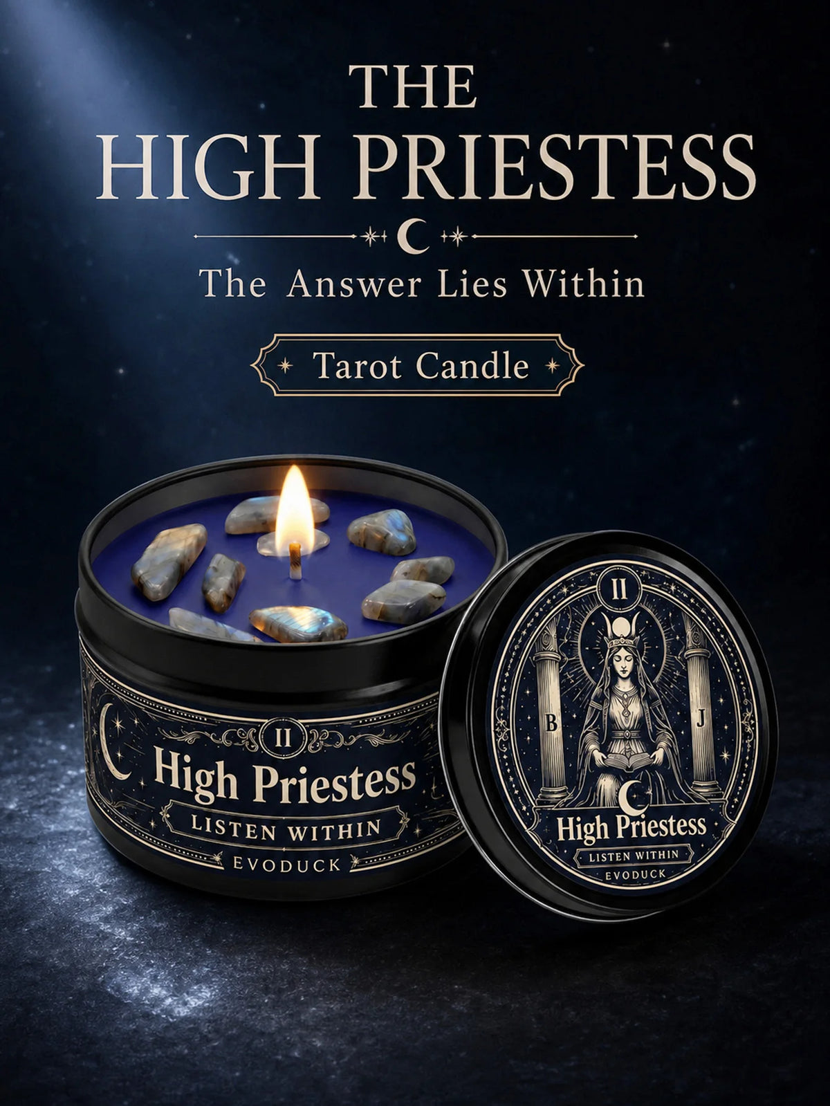 The High Priestess Tarot Candle with Blue Grey Crystal Stones, 3/2/1 Sets, Scented  for Meditation, 3 Oz