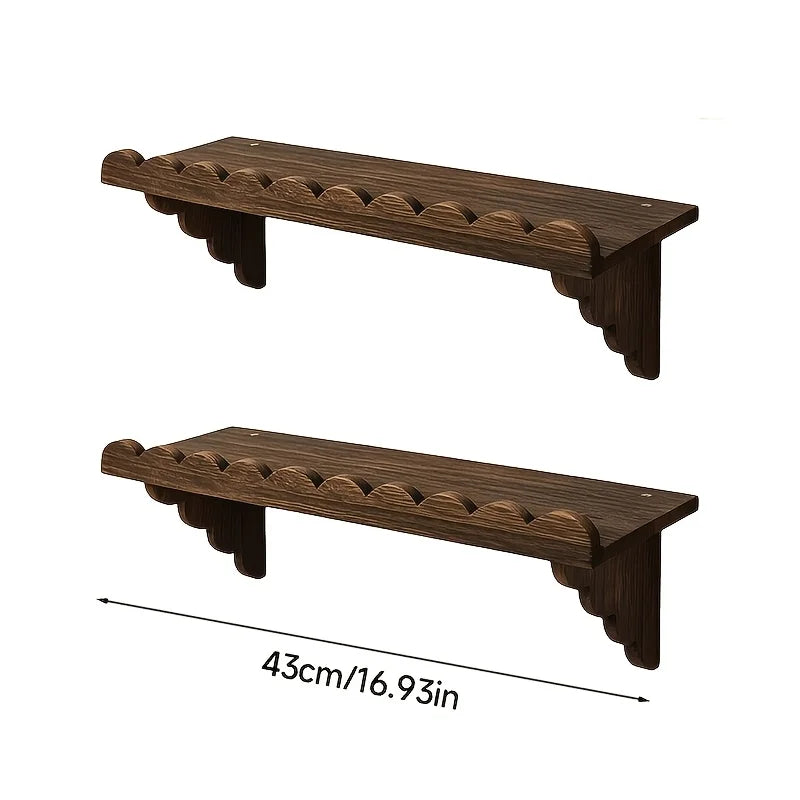 Rustic Scalloped Floating Wooden Wall Shelves Set of 2, Dark Burnt Wood Finish