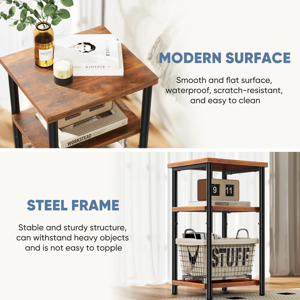 3 Tier End Table Set Of 2, Nightstand with Adjustable Feet For Tea Dining Tables