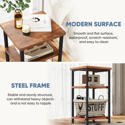 3 Tier End Table Set Of 2, Nightstand with Adjustable Feet For Tea Dining Tables