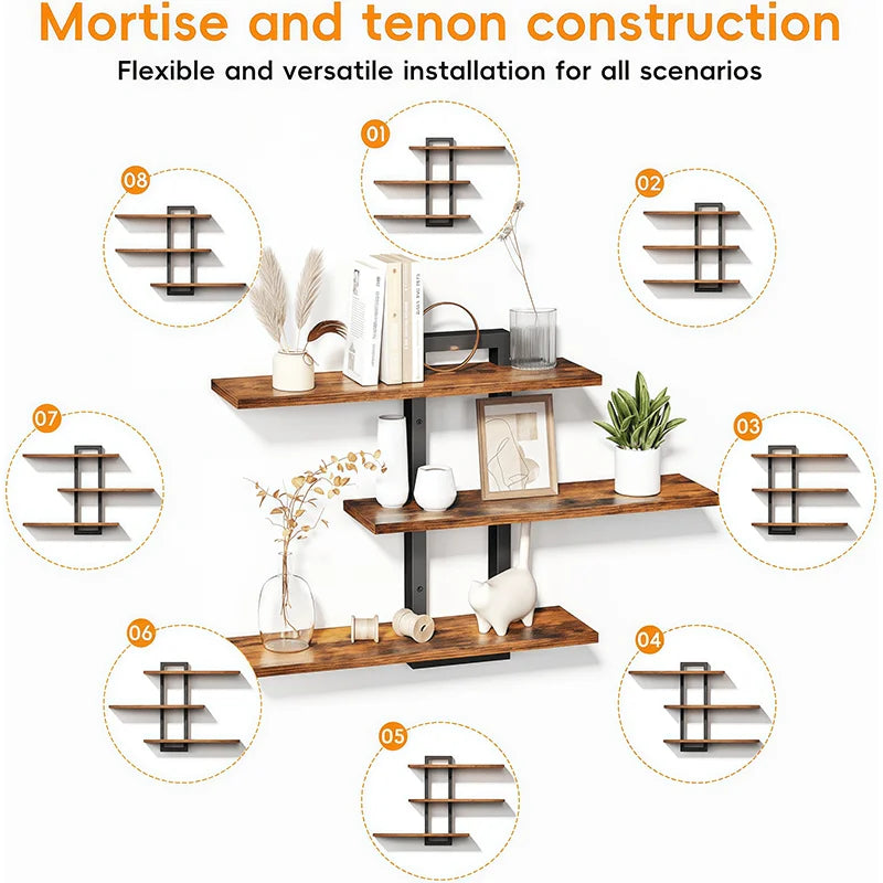 Matte Black Floating Wooden Shelf Wall Mounted Adjustable