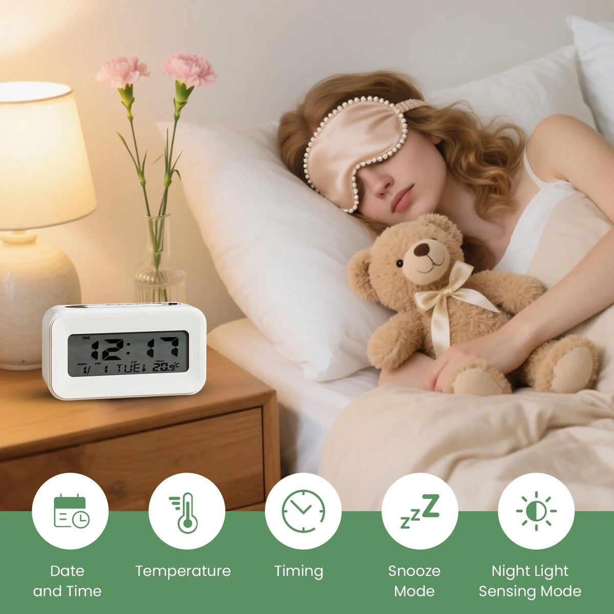 4.4 Inch White  Alarm Clock 24H System Time, Week, Temperature Display, Portable, Battery Operated....