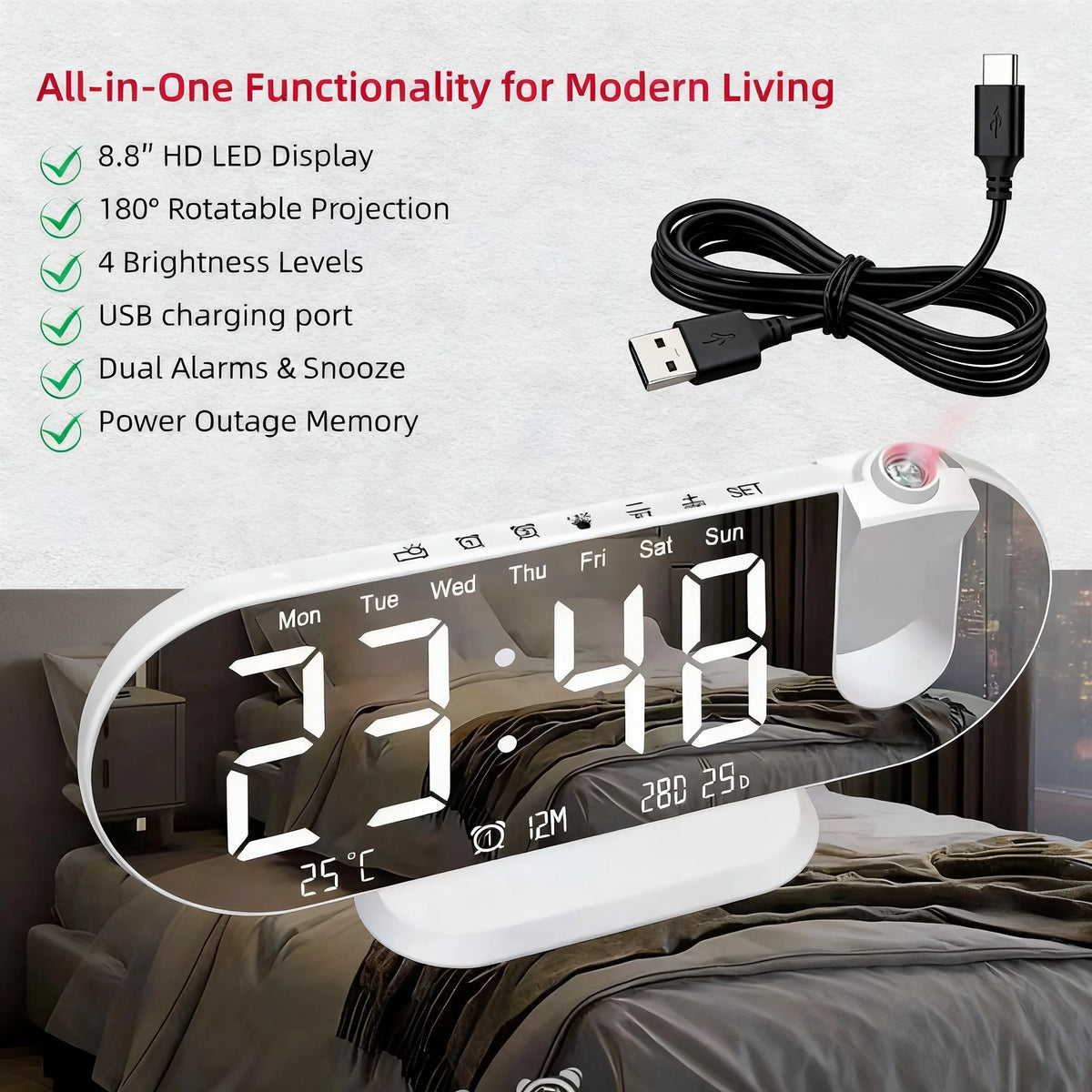 8.8 Inch Projection Alarm Clock, Mirror Display 180 Degree Rotation, Temperature USB Charging Port, White & Black.....