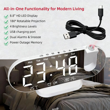 8.8 Inch Projection Alarm Clock, Mirror Display 180 Degree Rotation, Temperature USB Charging Port, White & Black.....