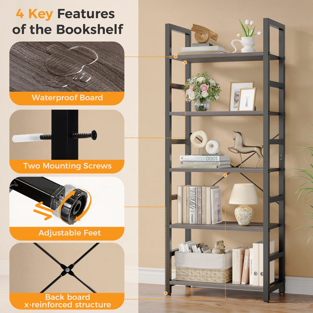 Standing 5 Tier Wooden Storage Shelves, Bookcase Adjustable Feet.....