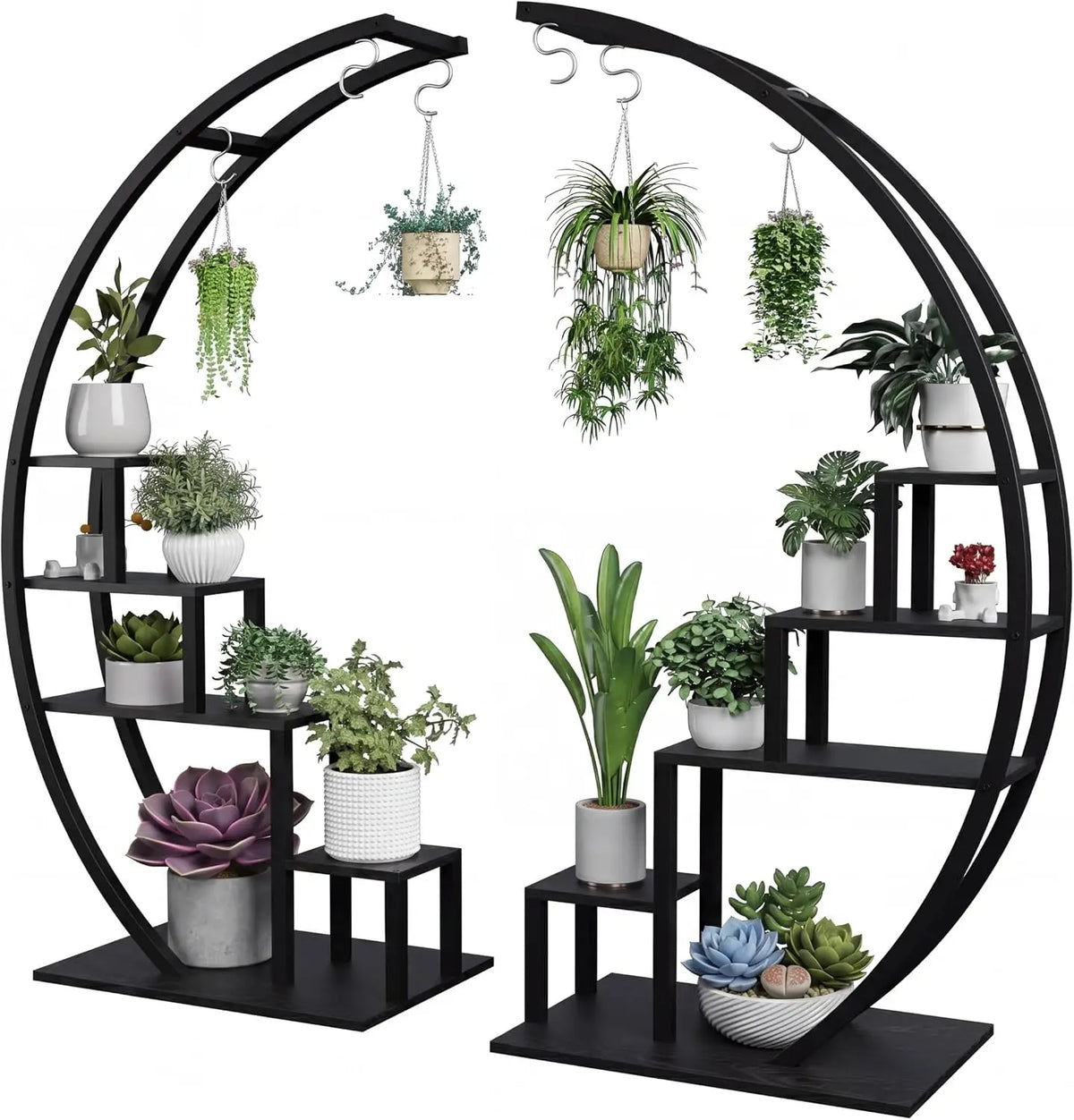Pack of 2, 5 Tier Metal Plant Stand, Half Round Wooden Plant Rack with Hanging Hooks,(Black)