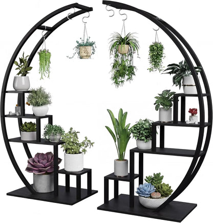 Pack of 2, 5 Tier Metal Plant Stand, Half Round Wooden Plant Rack with Hanging Hooks,(Black)