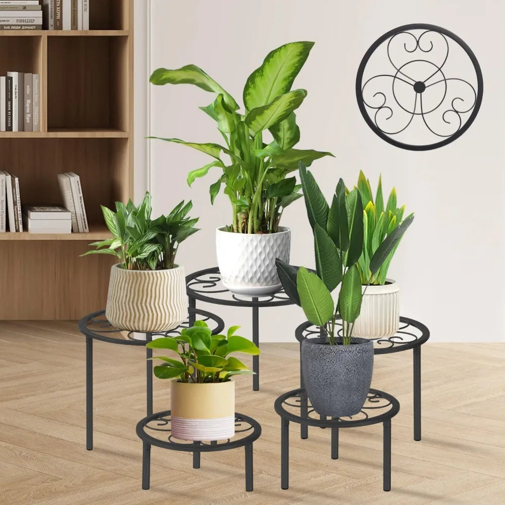 Set Of 5 Metal Plant Stands, Indoor Outdoor, Black, Various Sizes