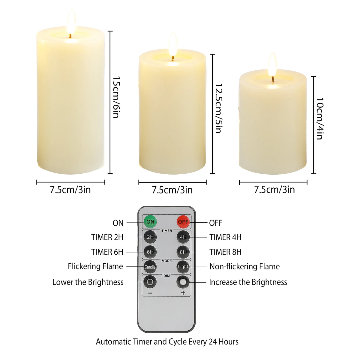 6/5/4 Inch 3 pc. Set Of Flickering Flameless Candles Battery Operated needs 3 AAA Battery's with 10-Key Remote Control Timer, Real Wax....