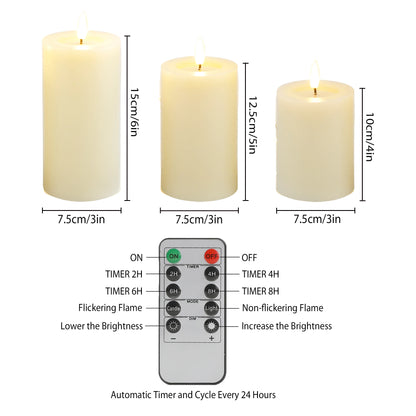 6/5/4 Inch 3 pc. Set Of Flickering Flameless Candles Battery Operated needs 3 AAA Battery's with 10-Key Remote Control Timer, Real Wax....