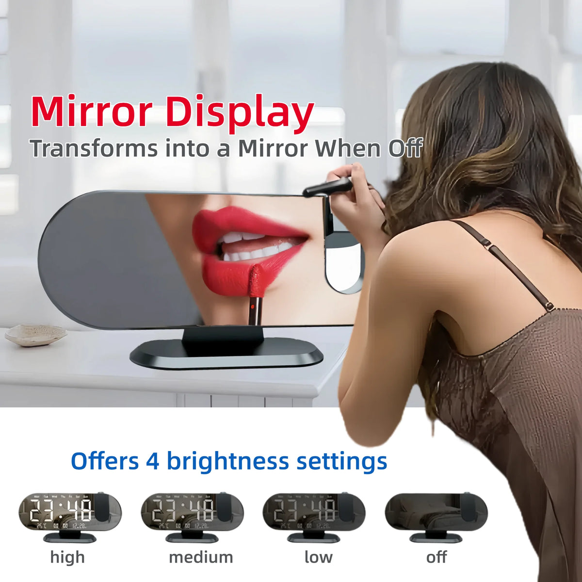8.8 Inch Projection Alarm Clock, Mirror Display 180 Degree Rotation, Temperature USB Charging Port, White & Black.....