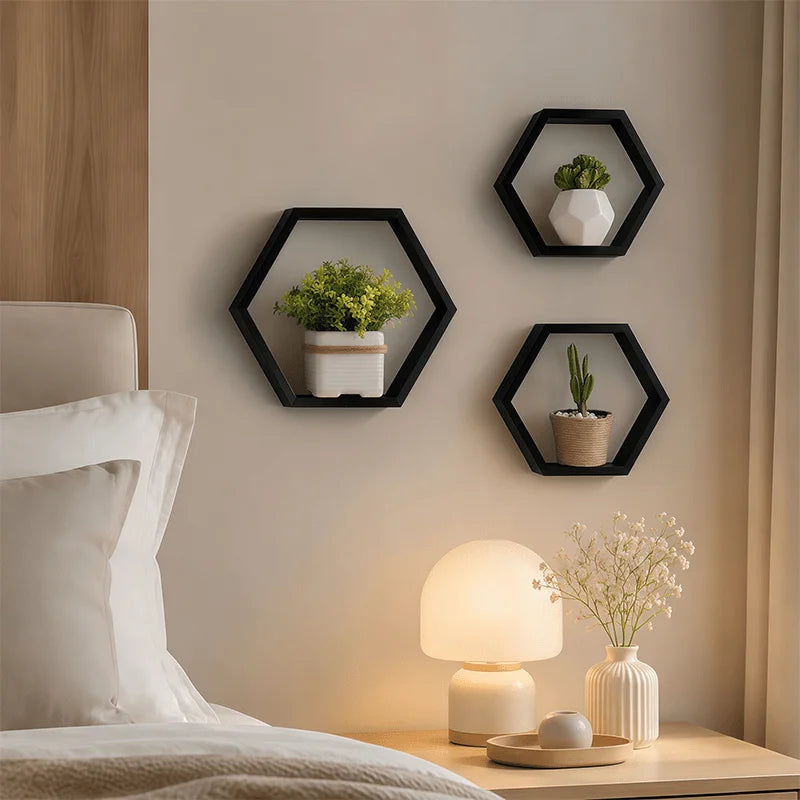 Rustic Wooden Hexagon Floating Shelves Set of 3