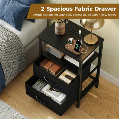 2 Fabric Drawers Bedside Night Stand with Open Shelf  USB Ports