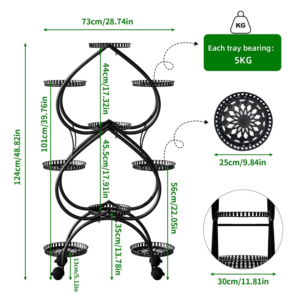 Metal Plant Stand 9-Pot Diameter 9.84 inch, Rolling Display Rack With Wheels Indoor Outdoor, 28.74x11.81x48.82 inches