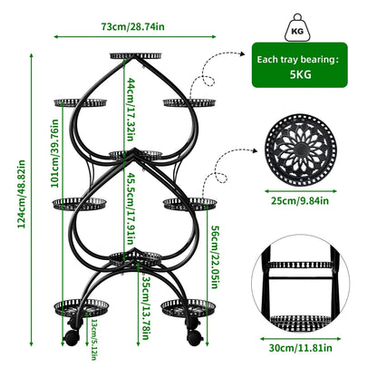 Metal Plant Stand 9-Pot Diameter 9.84 inch, Rolling Display Rack With Wheels Indoor Outdoor, 28.74x11.81x48.82 inches